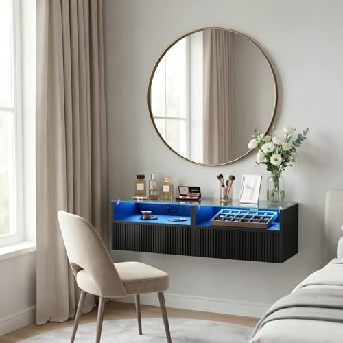 Floating Nightstand Set of 2 with Charging Station and Drawer - Black