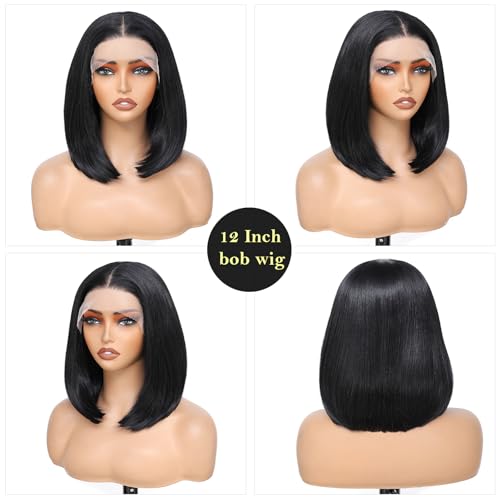 JANATOUCH Natural Black 12-Inch Synthetic Lace Front Bob Wig for Women