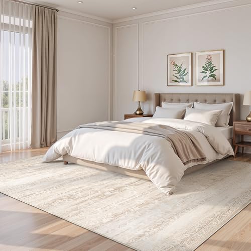 8x10 Washable Area Rug for Living Room - Neutral Beige Ivory, Non-Slip, Soft