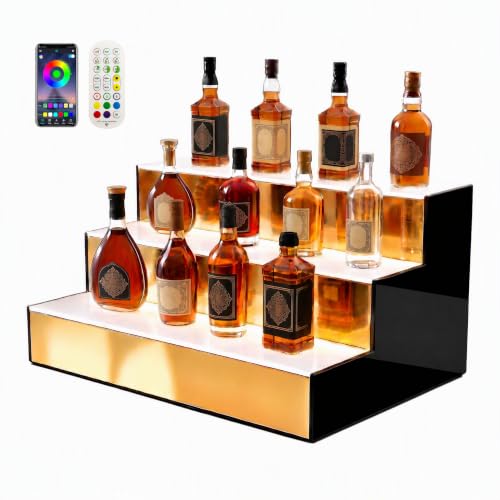 LED Liquor Bottle Display Shelf - 3-Tier Acrylic Bar Shelving with Color Changing Lights