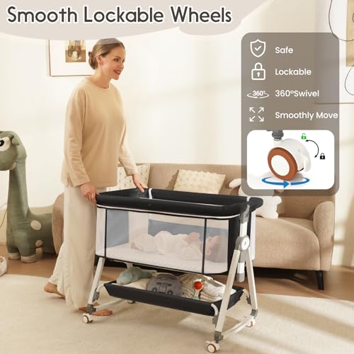 KOLOIO Black 3-in-1 Baby Bedside Bassinet, Portable Crib with Storage & Adjustable Height