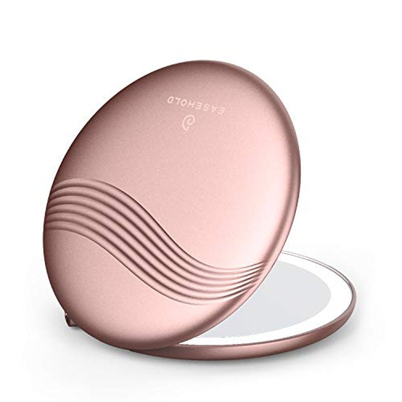 EASEHOLD Compact LED Magnifying Travel Makeup Mirror, 4 inch 1X/3X Magnification Portable Small Hand Pocket Mirror, Dimmable Double Sided USB Rechargeable Touch Screen (Rose Gold)
