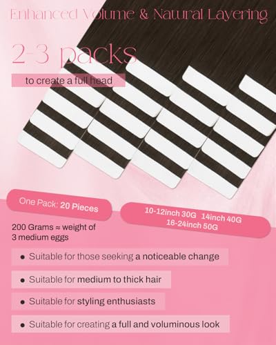 Medium Brown Tape-in Hair Extensions - Real Human Hair 14in 20Pcs 40g - Variation #4