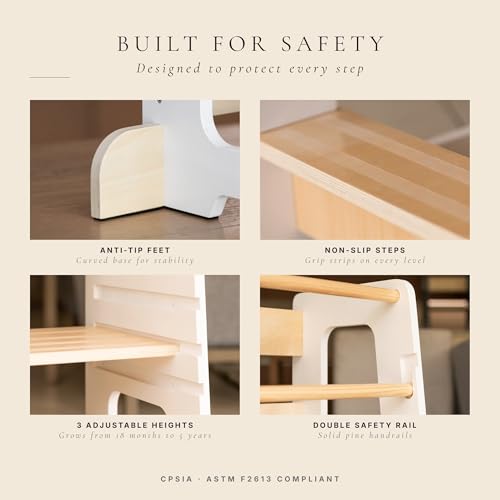 White Wooden Toddler Kitchen Helper Tower with 3 Adjustable Heights & Safety Rails