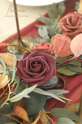 Artificial Eucalyptus Garland 6ft with Flowers Sunset Terracotta Faux Floral Vine for Wedding & Home Decor