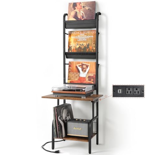 Record Player Stand with Power Outlet & Vinyl Storage - Black & Brown