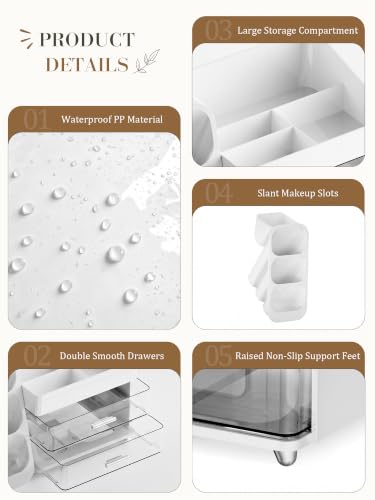Large White Makeup Organizer for Vanity with 2 Drawers & Brush Holder - Clear Display