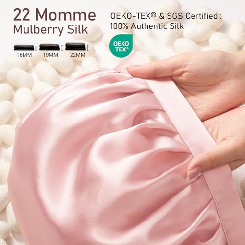 LitBear Pink Mulberry Silk Sleep Bonnet for Women, 22 Momme Hair Wrap with Elastic