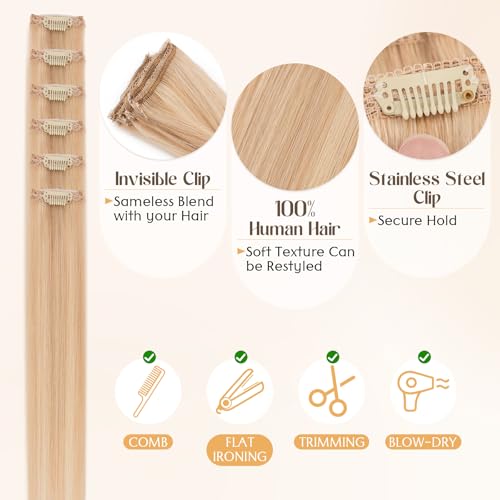 10 Inch Ash Blonde Clip-in Human Hair Extensions - Short, Seamless, 6-Piece Set
