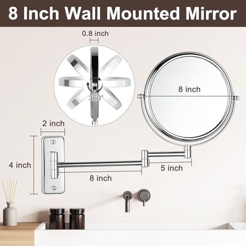 8 Inch Wall Mount Magnifying Mirror with 10x Zoom, Chrome Finish, Adjustable Arm