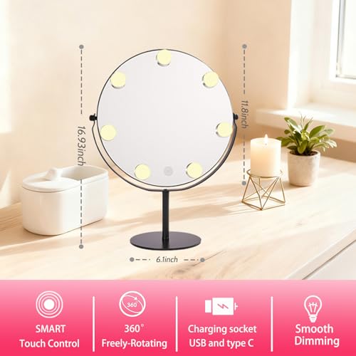 Lighted Makeup Mirror with 7 LED Bulbs, Dimmable & 360° Rotation, Black, 11.8x17 Inches