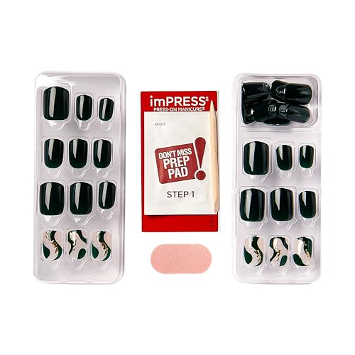 KISS Impress Press-On Manicure Fake Nails, Time Lapse - Short Length, Squoval Shape, Polish-Free Dark Green Gold Design Mani, Includes Prep Pad, Mini File, Manicure Stick, and 30 Fake Nails