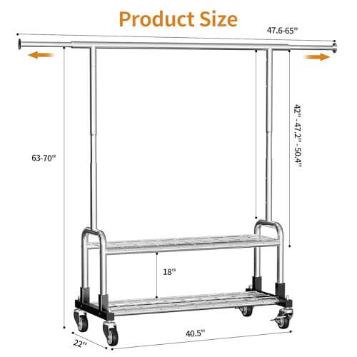 Heavy Duty Clothes Rack with 2 Shelves - Silver, Load 600LBS, Adjustable Height