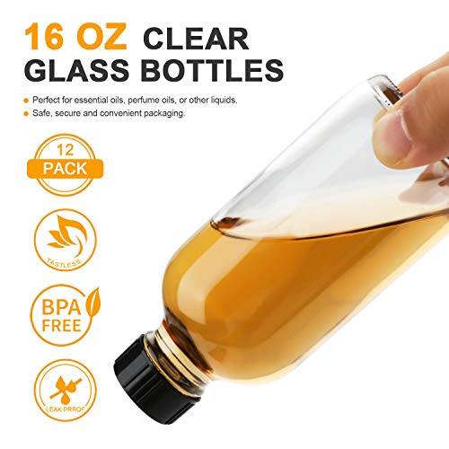 Maredash 16oz Glass Storage Bottles with Black Lids, 12 Pack for Liquids & DIY Projects