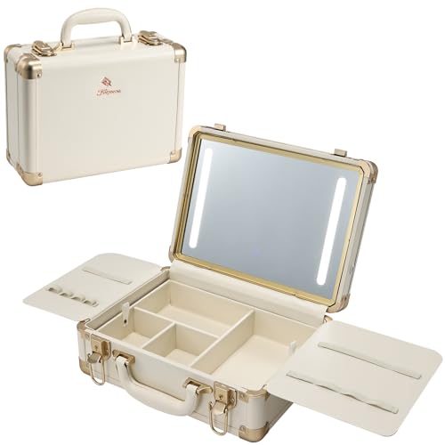 Lighted Makeup Case with Detachable Tray, Beige Vegan Leather Makeup Box Rechargable 3-Color LED Mirror, Travel Train Case Makeup Bag Organizer with Champagne Alloy