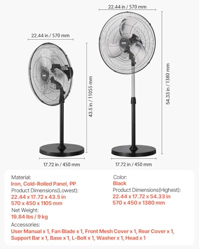 VEVOR 20 Inch Industrial Pedestal Fan Black, 90° Oscillating, Height Adjustable, 3 Speed Floor Fan for Warehouse & Garage