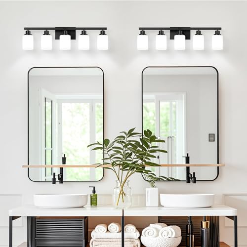 Black 5-Light Bathroom Vanity Light Fixture with Square Frosted Glass - Modern Wall Sconce Over Mirror