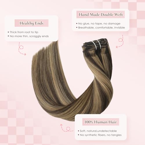 Hyssiet 12 Inch Clip-In Human Hair Extensions #4P27, 55g Thick Straight Chocolate Brown with Caramel Highlights