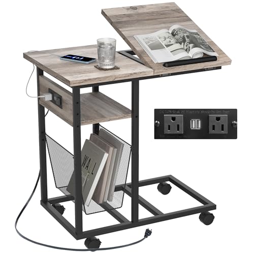 C-Shaped End Table with Charging Station, Tilting Top & Lockable Wheels - Grey