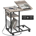 C-Shaped End Table with Charging Station, Tilting Top & Lockable Wheels - Grey