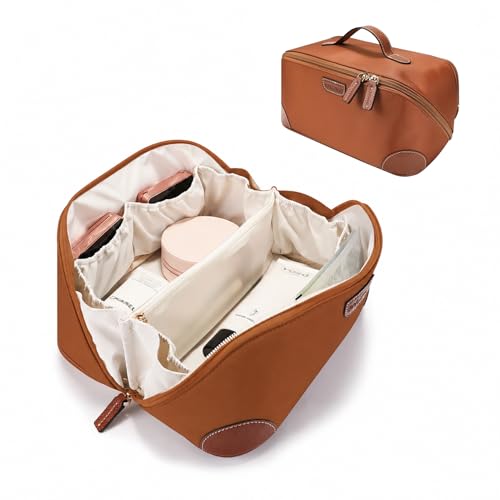 Brown Travel Makeup Bag for Women Flat Open Cosmetic Organizer