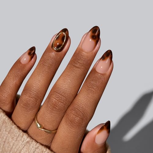 BTArtbox Short Almond French Tip Press On Nails with Amber Hoops Variation - 32 Pc Kit