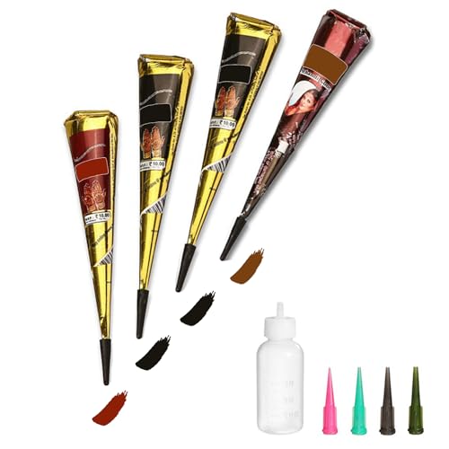 Temporary Tattoos Kit, 4Pcs Semi Permanent Tattoo Paste Cones, India Body DIY Art Painting for Women Men teens, Summer Trend Hand Plaste with 3 Colors(1Pc Bottle,4Pcs Nozzles)20Pcs Adhesive Stencil