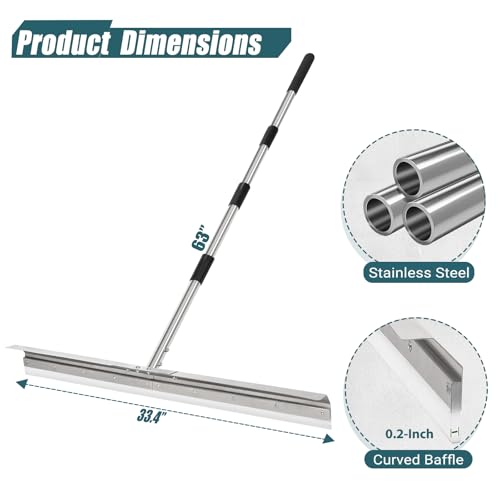 AugFir Large Heavy-Duty Floor Squeegee - 33.4" Silicone Blade, 63" Handle for Concrete & Garage Cleaning