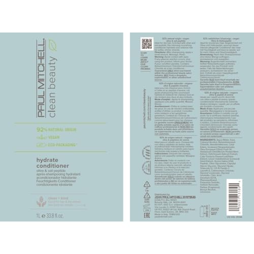 Paul Mitchell Clean Beauty Hydrate Conditioner, Intensely Nourishing Conditioner, Improves Manageability, For Dry Hair