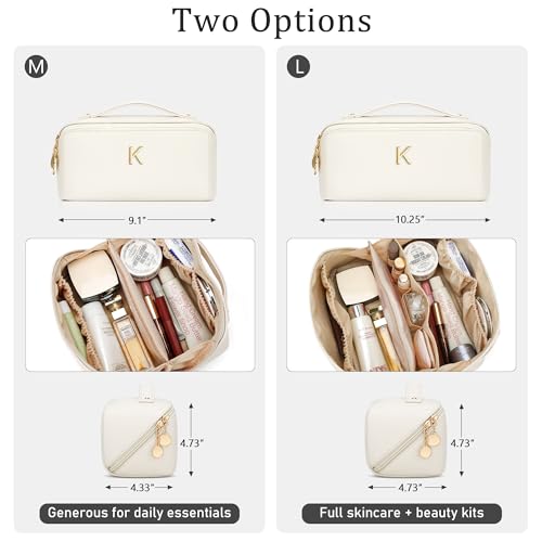 Gifts for Women Bridesmaid Gifts Personalized Initial Makeup Bag PU Leather Cosmetic Waterproof Travel Toiletry Bag (Medium)
