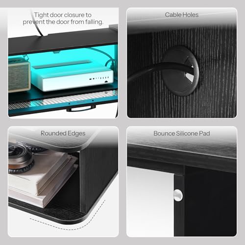 55.1 Inch Floating TV Shelf with LED Light & Power Outlets, Wall Mounted Entertainment Center, Black