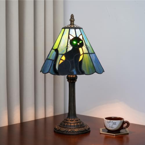8-Inch Black Cat Tiffany Table Lamp - Stained Glass Bedside Lamp for Bedroom Living Room