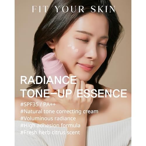 Radiance Tone-Up Essence - Korean Glass Skin Primer | Pink Beige Tinted Moisturizer | Pore-Blur Glow Base | Natural Coverage Dewy Finish | Ceramide Vitamin C | 1.01 fl oz