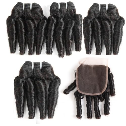 Brazilian Virgin Human Hair Curly Weave 4 Bundles with Lace Closure - 8/8/8/8+8 Inches, Natural Black