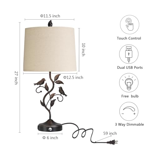 27-Inch Set of 2 Touch Farmhouse Table Lamps with Bronze Finish & USB Ports