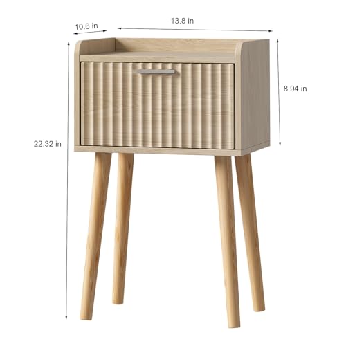 LAATOOREE Nightstand Set of 2 - Small Bedside Tables with Fluted Door, Natural/Fluted Style