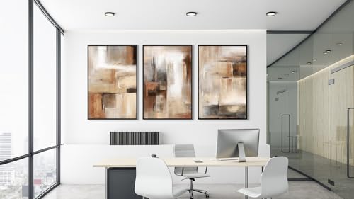 Large Canvas Wall Art Set - 16x24 Inches Brown Beige Abstract Prints - 3 Pieces Framed