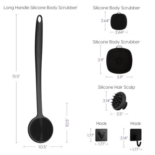 Black Silicone Body & Back Scrubber Set with Face Brush & Scalp Massager – Shower Hygiene Accessories