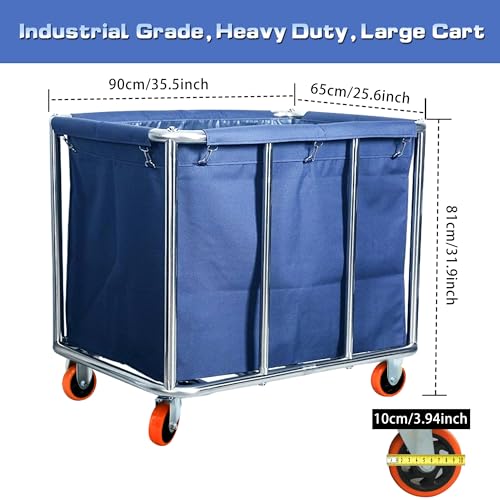 Blue Commercial Laundry Cart with Wheels 470L Steel Frame & Waterproof Bag