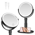 Lighted Makeup Mirror with 10X Magnification, Rechargeable LED Magnifying Vanity Mirror with 3 Lights, Adjustable Height, Storage Base and Phone Holder, Gifts for Women, Black, 7 inch