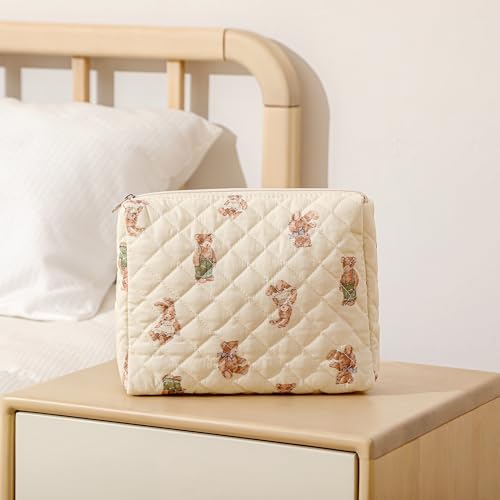 Large Floral Quilted Makeup Bag Set for Women - White Bear Variation