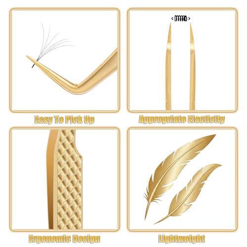EKYSSO Gold Eyelash Tweezers Kit 7 Pcs for Lash Extensions, Professional Lash Tools