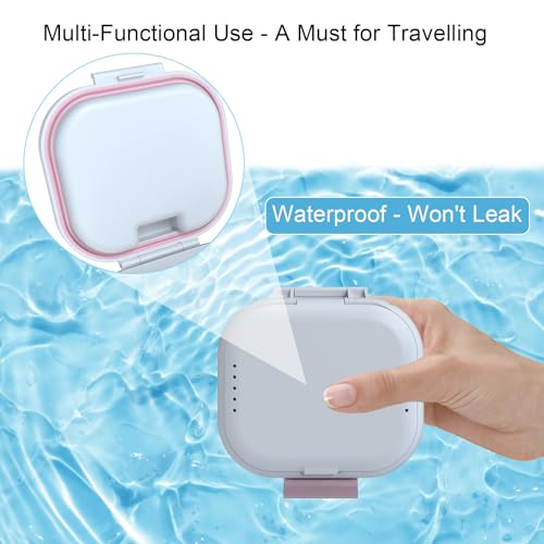 Denture Storage Case with Strainer - Leak Proof Portable Soaking Box, White & Pink