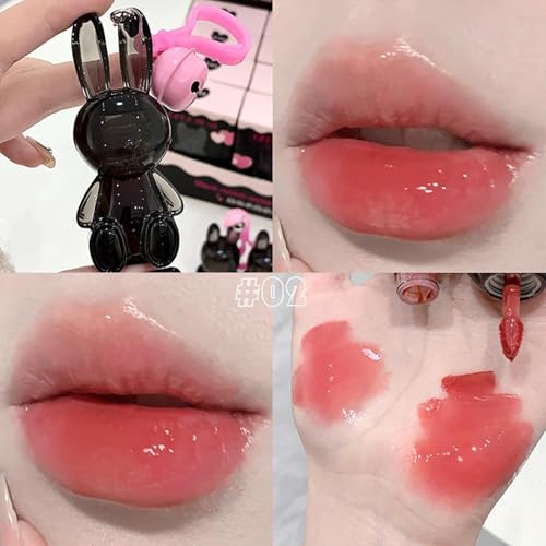 Petansy Cute Rabbit Jelly Lip Gloss Moisturizing Hydrating Non-Stick Cup Lip Glaze Set Plumping Lip Gloss Mirror Liquid Lipsticks Lip Tint Gloss Balm Makeup Lip Kit