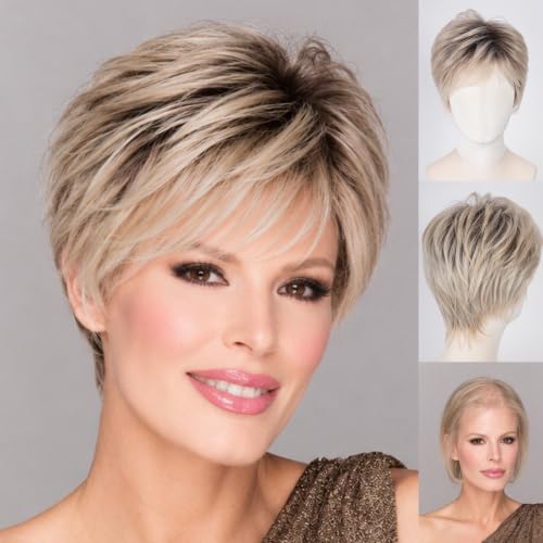 Pixie Wig for Women - Short Curly Synthetic Wig with Bangs, Dark Root Ash Blonde Highlights, Glueless Fit