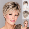 Pixie Wig for Women - Short Curly Synthetic Wig with Bangs, Dark Root Ash Blonde Highlights, Glueless Fit