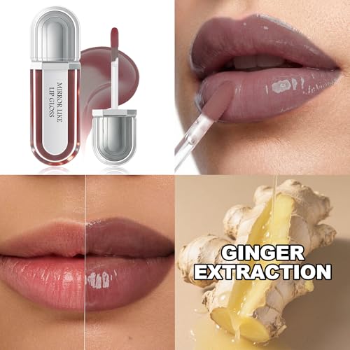 Hydrating Lip Plumper Gloss, Plumping Lip Oil, Lightweight High Shine Lip Plumper Gloss, Nourishing Long Lasting Non-Sticky Hydrating & Smoothing Lip Treatment for Dry Lips (Rose brown)
