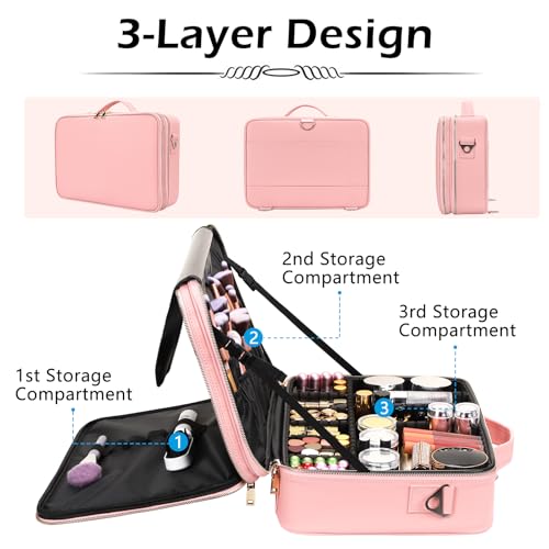 Large Pink Travel Makeup Case Organizer with Adjustable Dividers & Shoulder Strap