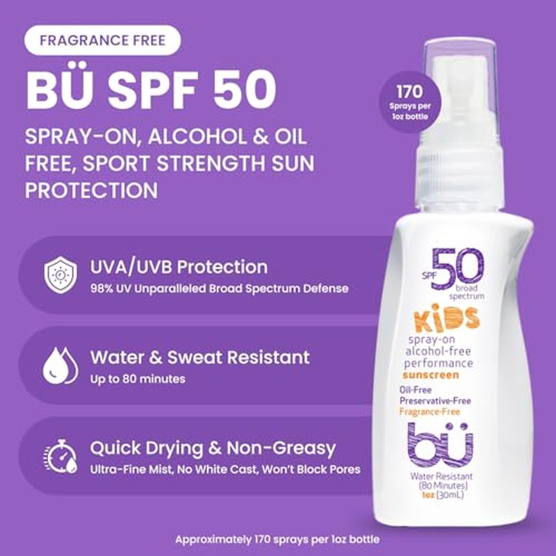 BU SPF 50 Fragrance Free Kids Sunscreen Spray for Face and Body, TSA Travel Size Sunscreen, Clear Non Aeorsol Spray, Non Greasy, Water Resistant and Oil Free, 1 oz (4-pack)