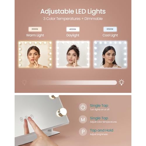 SONGMICS Vanity Makeup Mirror with Lights, Touch Control, 15 LED Bulbs, with Charging Ports, Detachable 10X Magnifying Mirror, 3 Color Temperatures, Dimmable, Phone Holder, Matte White ULWM001W01V1